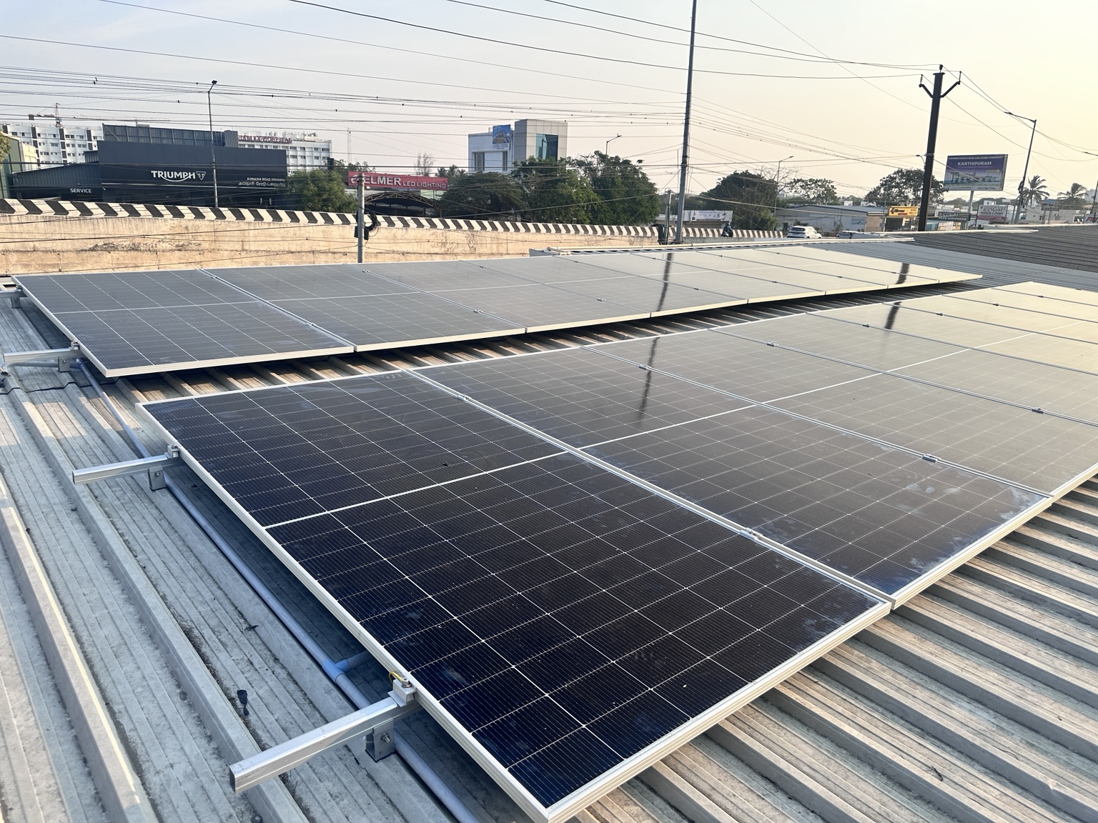 Solar panels mounted on a metal roof