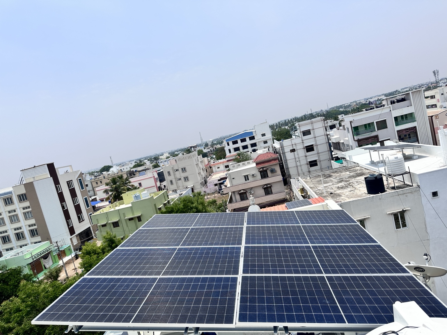 Rooftop solar array overlooking the neighbourhood